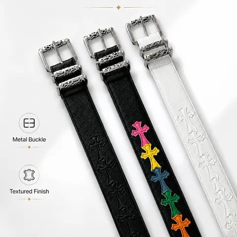 Roller Belt with Pebbled Pattern Unisex Fashion Featuring Colorful Crosses and Detailed Buckles