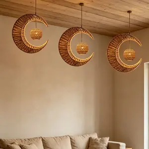 Bohemian Moon Shape Woven Lampshade, Handmade Imitation Rattan Light Cover, Natural Texture Pendant Shade, Bedroom/living Room Decor, Party Setup