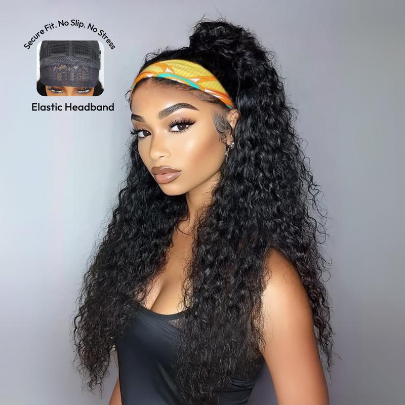 Unice Glueless No Slipping Water Wave Lace Headband Wigs with Drawstring All-Day Security Put On and Go Human Hair Wigs Beginners Friendly