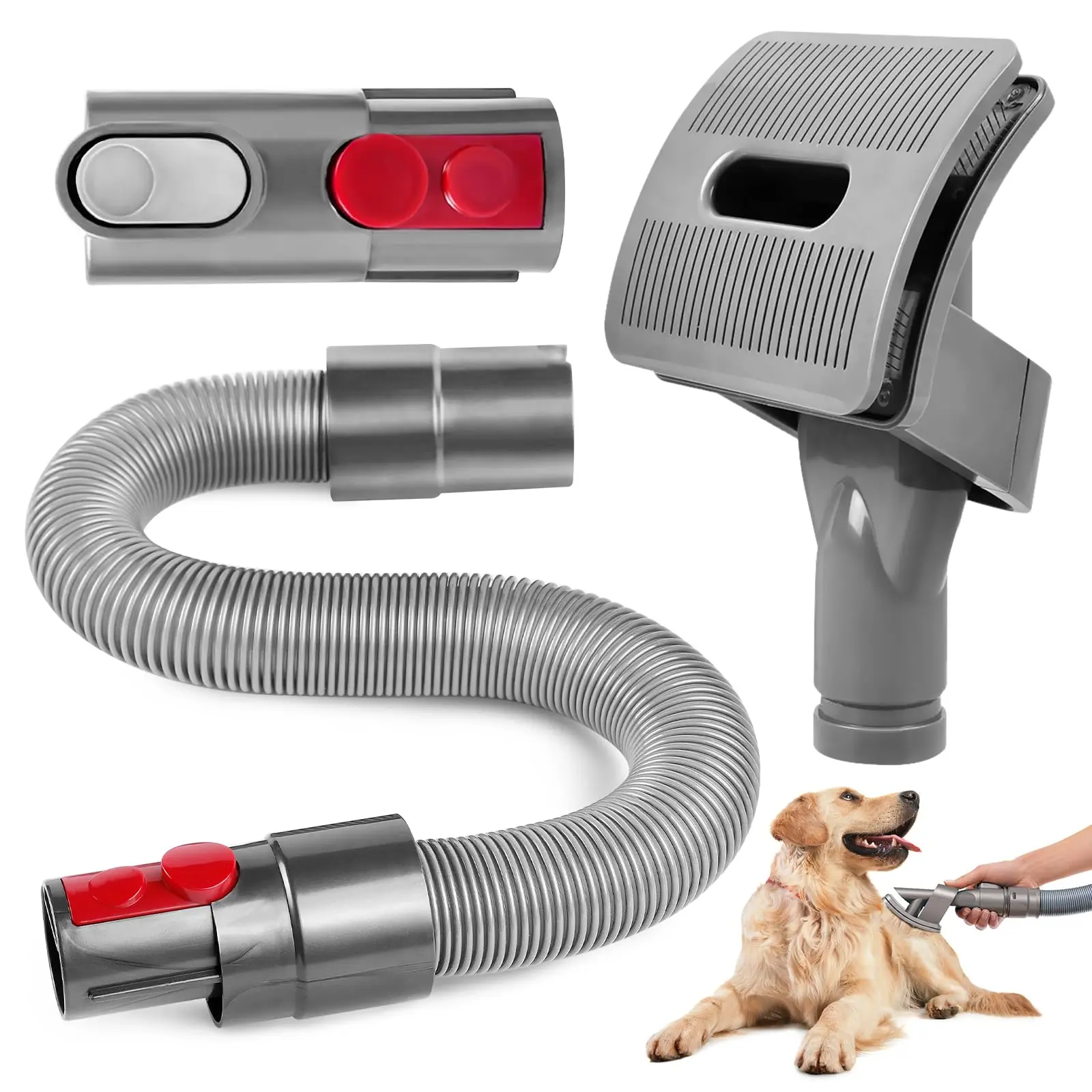 KEEPOW Pet Grooming Tools Kit, Dyson Vacuum Compatible with V7-V11, V15 - Pet Dog Brush Attachment with Extension Hose, Adapter - Hair & Skin Pickup, Sofa & Car Reach, Soft on Skin for Long/Medium Haired Dogs