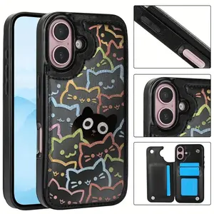 Colorful Cat Wallet Phone Case for iPhone 17/16/15/14/13/12 Pro Max/Pro/Plus/Air – PU Leather Card Holder Durable Shockproof Casing