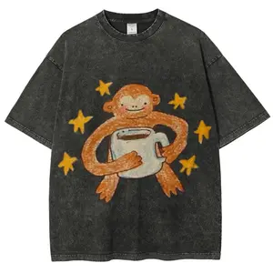 Star Monkey Unisex Vintage Washed T Shirt with Colorful Distressed Design for Streetwear and Natural Theme