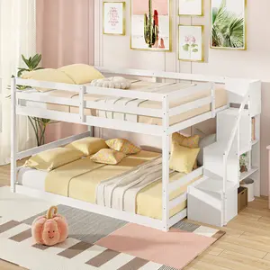 COSTWAY Bunk Bed with Stairs, Solid Wood Floor Bunk Bed with Storage Staircase & Full-Length Guardrails, Low Bunk Bed with for Kids, Teens, Adults, Dorm, Small Space