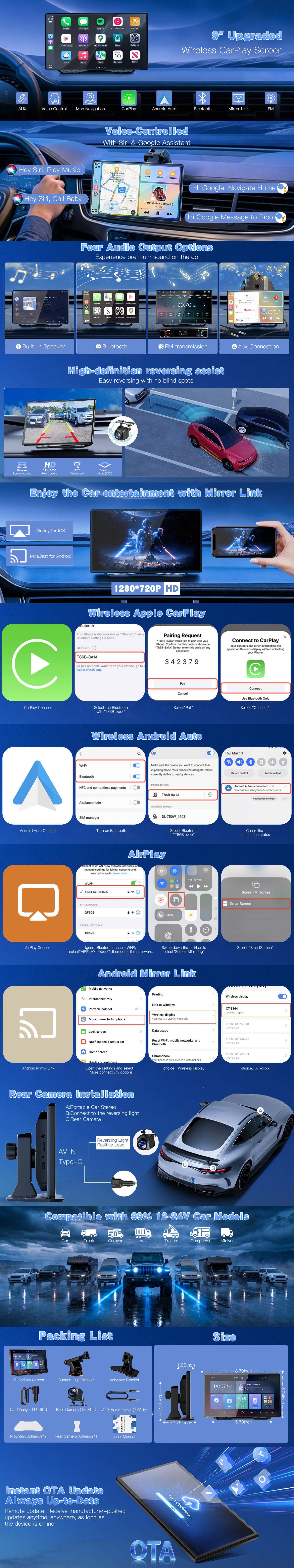 【YMQ】2026 Upgraded Wireless CarPlay Screen: 9-inch IPS Touchscreen supporting CarPlay, Android Auto, Mirror Link (supports tiktok and youtube), Backup Camera, Navigation, and Voice Assistant