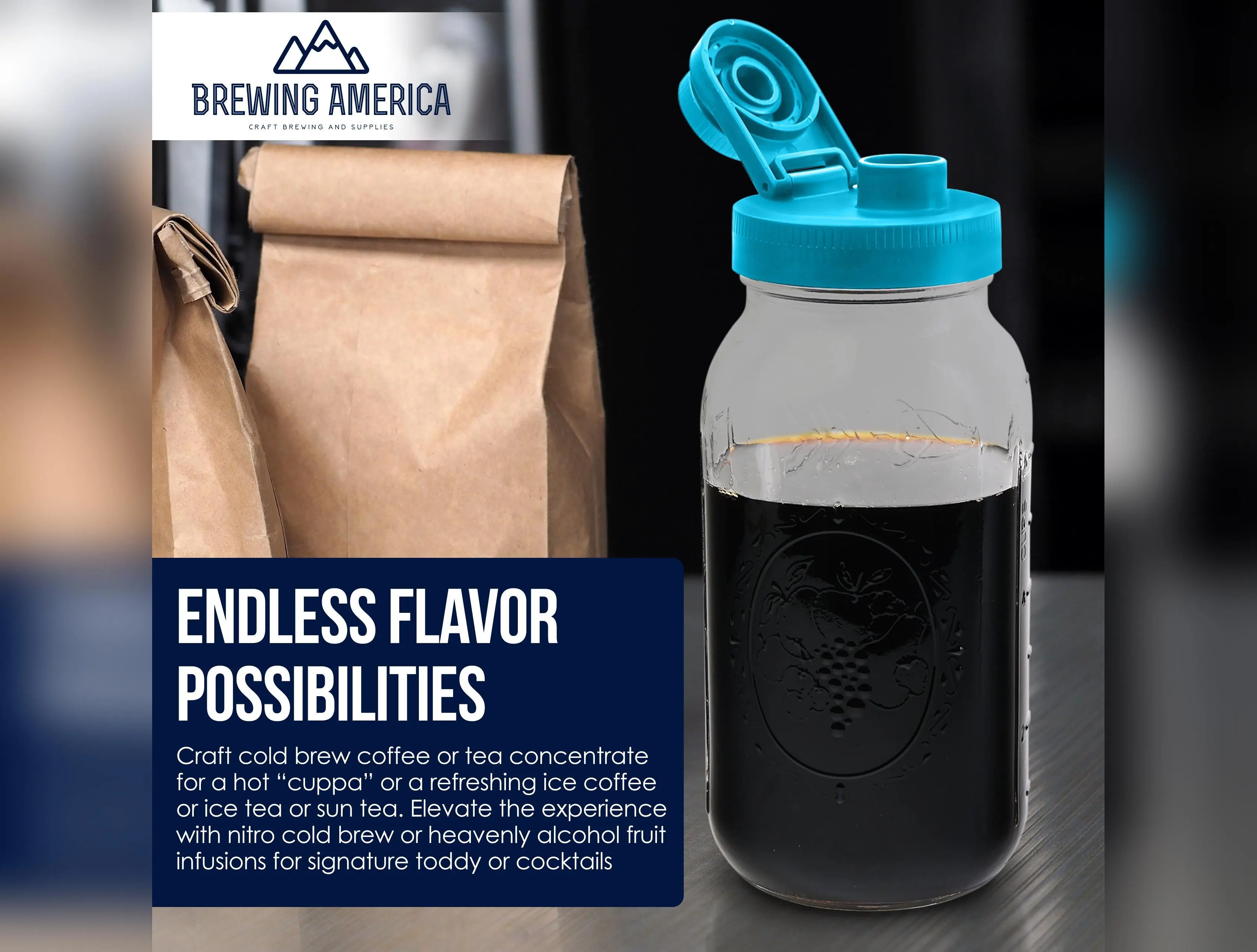 Cold Brew Coffee Maker Kit: Wide Mouth for Coffee, Infused Tea, Alcohol - 2 Quart 64 oz Teal Lid