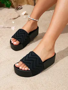 Women's Black Quilted Chevron Platform Sandals Casual Wedge Open Toe Comfortable Summer Walking Shoes with Cushioned Footbed & Textured Outsole