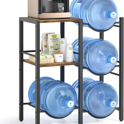 Rustic Brown Wooden 5 Gal Water Jug Holder with Storage Shelves & Water Dispenser Stand, Bottle Holder Racks & Displays for Home/Office Organizer
