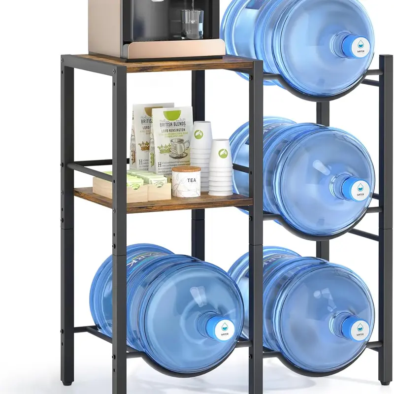 Rustic Brown Wooden 5 Gal Water Jug Holder with Storage Shelves & Water Dispenser Stand, Bottle Holder Racks & Displays for Home/Office Organizer