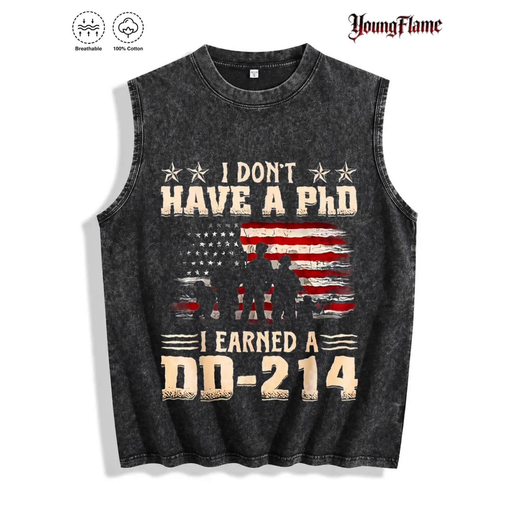 Men's Vintage Tank Top, Retro Patriotic DD-214 Graphic Sleeveless Shirt, Casual Crew Neck Acid Wash Menswear