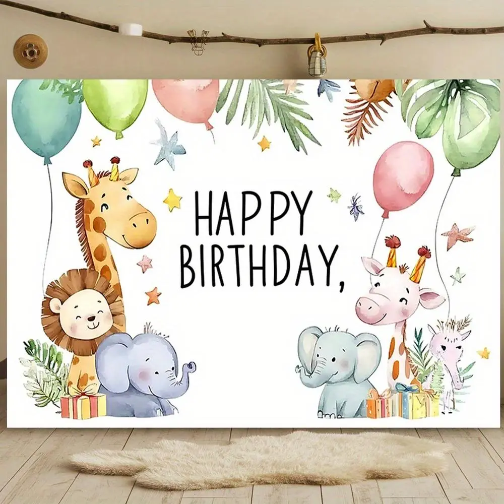Reusable Printed Safari Jungle Animals Birthday Banner, 1pc Vibrant Polyester Backdrop with Giraffe-Elephant Designs, Home Wall Decoration, Photo Booth Prop for Kids' Parties & Party Decoration Supplies