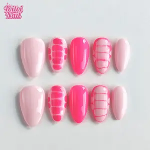 Pink Handmade Press-On Nails | Short Almond Shape, 10pcs | Edgy Y2K Pink & White Grid Design | Color Block Checkerboard Pattern | Reusable DIY Nail Kit for Women, Nail Extension Diy | Trendy Nails for Spring, Summer | Edgy Y2K Look