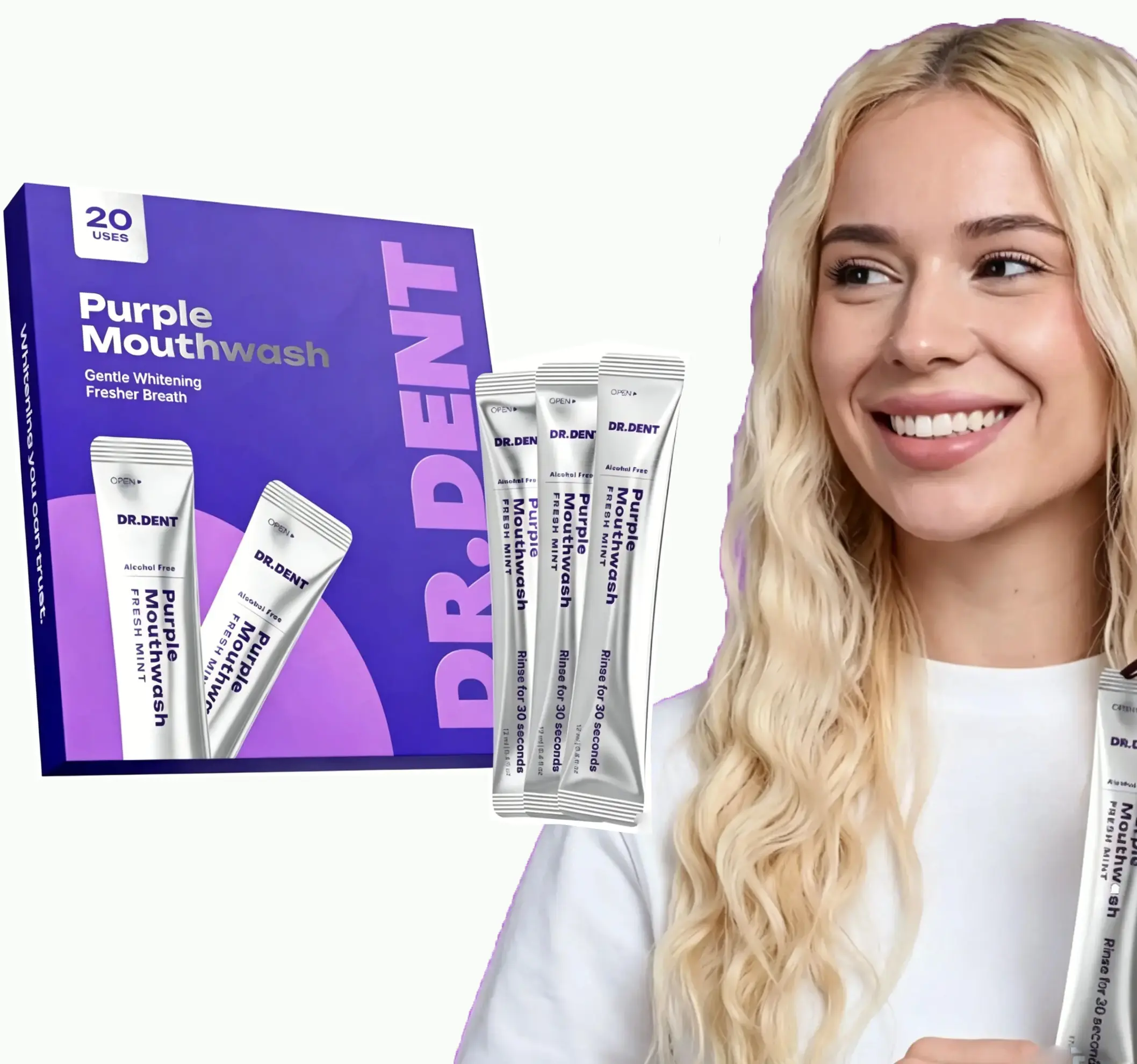 DR.DENT Purple Mouthwash Sachets 20 Pack, Fresh Mint Alcohol-Free Portable Oral Rinse, Gentle Teeth Whitening Travel Mouth Wash, Long Lasting Fresh Breath, Disposable Single Use Oral Care