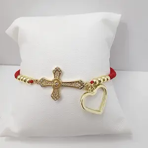 14K Gold Laminated Adjustable Bracelet with Red Thread Elegant Sophisticated Cross & Heart Charms Jewelry