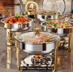 Set of 2/4 round Buffet Hot Pots ,5QT ,Each , Made of Stainless Featuring a Glass Lid and  a Lid Rack ,Excellent for keeping food warm ,essential for , Gaterings,Catering Events.