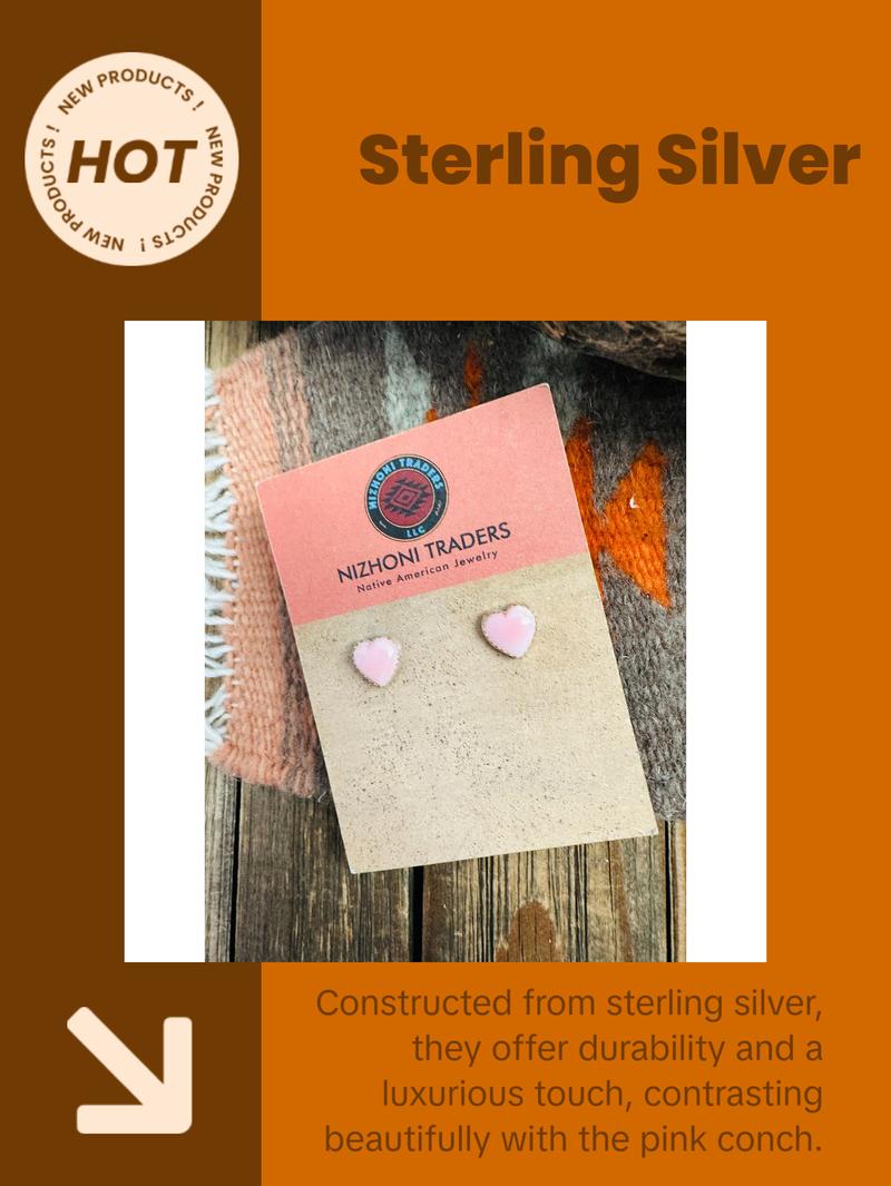 Navajo Queen Pink Conch & Sterling Silver Heart Stud Earrings
