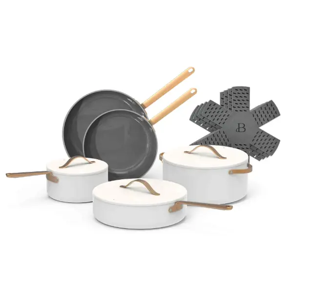 Beautiful 12pc Ceramic Non-Stick Cookware Set, White Icing by Drew Barrymore