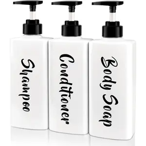 16.9oz Shampoo Conditioner Body Wash Dispenser for Shower, Refillable Printed Soap Bottles with Pump, Empty Plastic Bathroom Dispenser Set for Shampoo, Conditioner & Soap (White, 3 Pack)