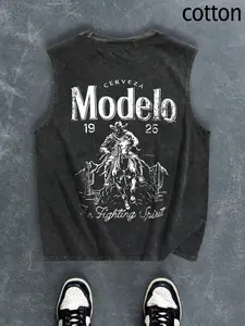 Men's Regular Fit Cartoon Cowboy & Letter Print Tank Top, Casual Comfy Breathable Sleeveless Top for Summer, Fashion Men's Clothes for Daily Wear, Socks