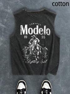 men's regular fit cartoon cowboy & letter print tank top, casual comfy breathable sleeveless top for summer, fashion men's clothes for daily wear, cotton menswear