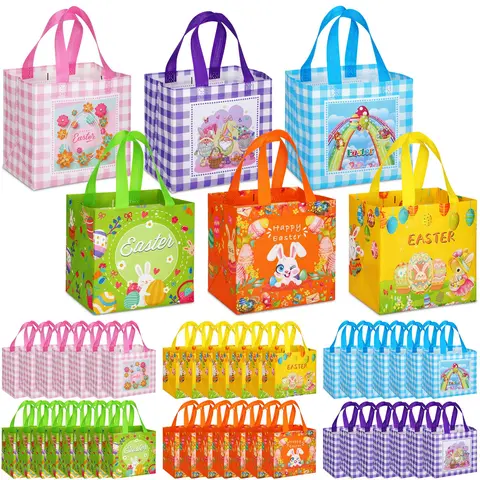 24/36/48 Pcs Easter Gift Bags Non Woven Bags Easter Basket Filler Bags Tote Bagswith Handle Egg Hunt Goodie Bags for Student Adult,Bunny Treat Bags for School Classroom Party Supplied,Gift Wrapping for Birthday Holiday Easter