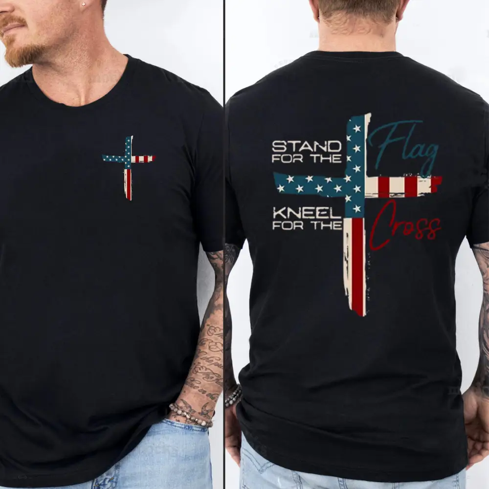 Stand For The Flag Kneel For The Cross 4th Of July 2 Sided T-Shirt, Graphic Tees for Women Cotton Fabric Casual Crew Neck Short Sleeve T-Shirt Trendy