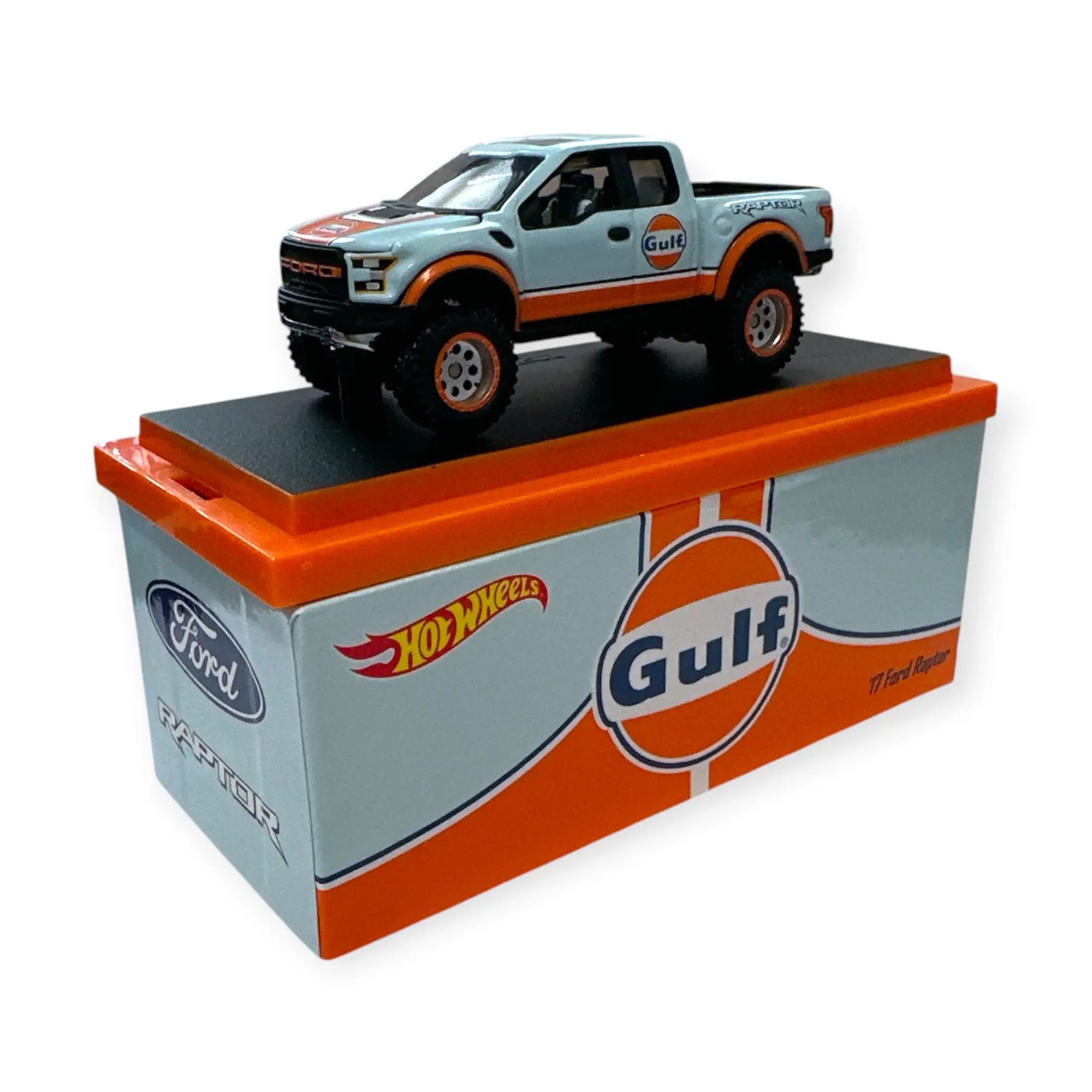 Hot Wheels RLC Exclusive Gulf Livery '17 Ford Raptor - Red Line Club, 1:64 Scale Metal Body Diecast Toy Collectible with Opening Hood