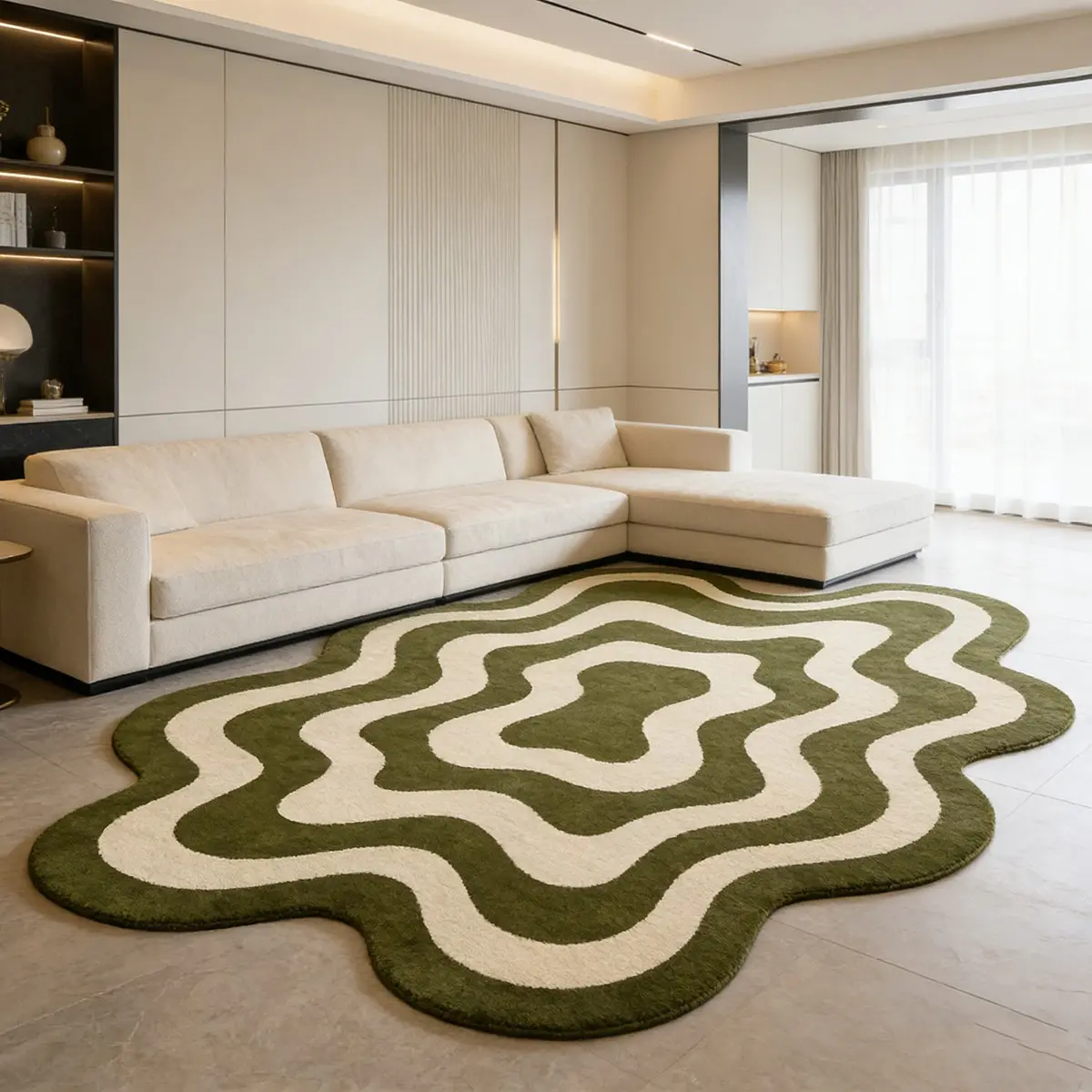 Vintage Olive Green Contour Irregular Rug Mid-Century Modern Wavy Pattern Soft Plush Area Rug Home Decor Rug Decorative Rug for Wabi-Sabi Living Room Bedroom Non-Slip Floor Mat