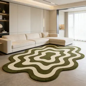 Vintage Olive Green Contour Irregular Rug Mid-Century Modern Wavy Pattern Soft Plush Area Rug Decorative Rug for Wabi-Sabi Living Room Bedroom Non-Slip Floor Mat