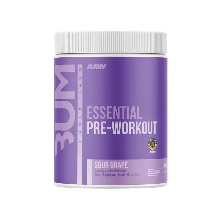 RAW Essential Pre-Workout Carbohydrate Supplement Powder - Gluten-Free, Pre Workout Energy Lift, Focus Boosters, Exercise Prep - Sour Grape Flavor - 20 Servings - 14.92 oz (423 g)