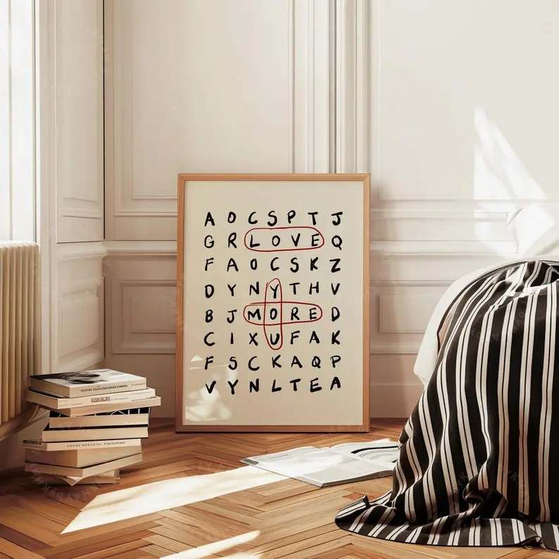 Love You More Print, Crossword Valentine Anniversary Gift, Trendy Aesthetic Home Decor, Typography Sketch Cute Present Physical Print [UNFRAMED]
