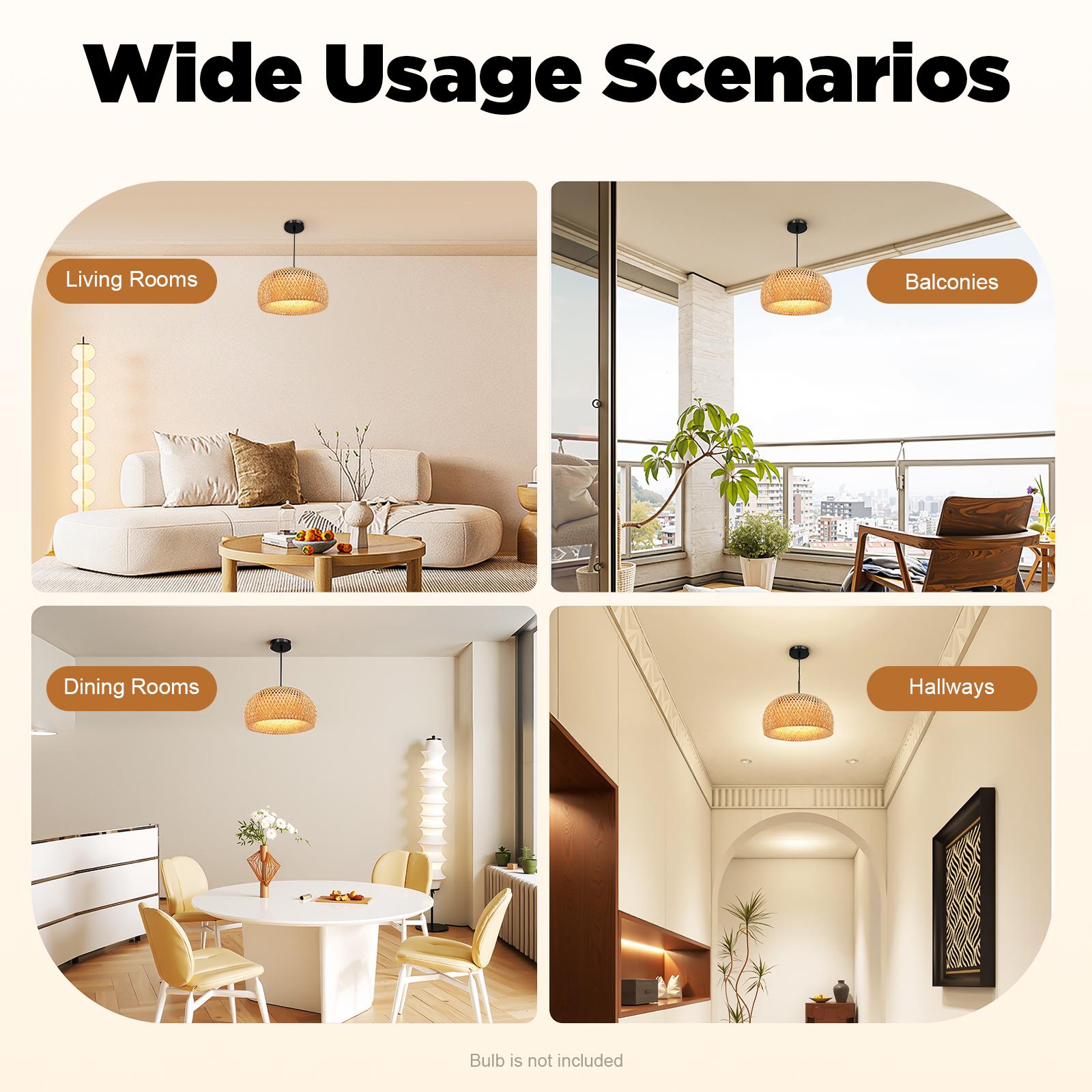 Natural Bamboo Handwoven Pendant Light Adjustable Height for Sloped Ceilings 110V E26 Bulb Not Included Rustic Farmhouse Chandelier 38cm Diameter 20cm Height