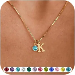 Initial Birthstone Necklaces for Women Trendy 14K Gold Plated Letter A-Z initial Necklace Dainty Initial Birthstone Pendant Name Necklace Personalized Birthday Christmas Gifts for Women Jewelry