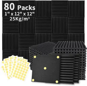 Soundproofing Focusound 12 Grooves 80 Packs Noise Reduction Foam Panels 1" x 12" x 12" with 420PCS Double-Side Adhesive. Noise-Cancelling Foam Panels optimize sound quality for room decoration, ideal for creators, streamers, and gamers. Room Accessories.