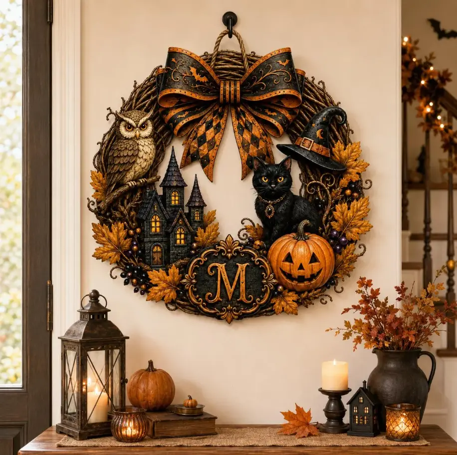 Personalized Halloween Wreath Wooden Door Sign Hanger, Custom Family Name Sign, Fall Front Door Decor, Spooky Family Name Gift