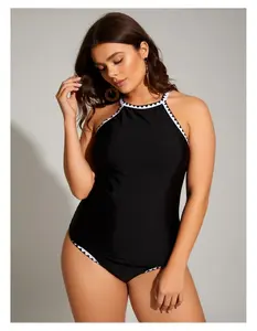 Plus Size Swimsuit Women - Black Halter One Piece Swimwear with Contrast Trim; Removable Cups; Comfortable & Supportive Bathing Suit for Women; Stylish Beach Pool Vacation Swimsuit