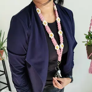 Macrame Daisy Lanyard, Cotton Floral Boho Key Holder