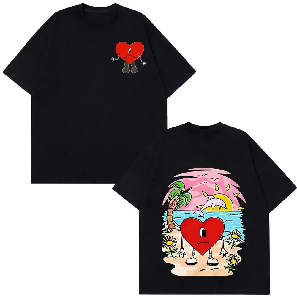 Unisex Vintage Cotton Bunny T-Shirt - Round Neck, Short-Sleeve, Harajuku Style, Latin Music Theme, Comfortable Fit, Menswear Casual Sports Top for Music Fans