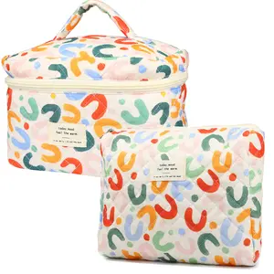 Large Capacity Cotton Makeup Cosmetic Bag, Cute Quilted Travel Coquette Aesthetic Floral Make up Bag for Women Toiletry Bag