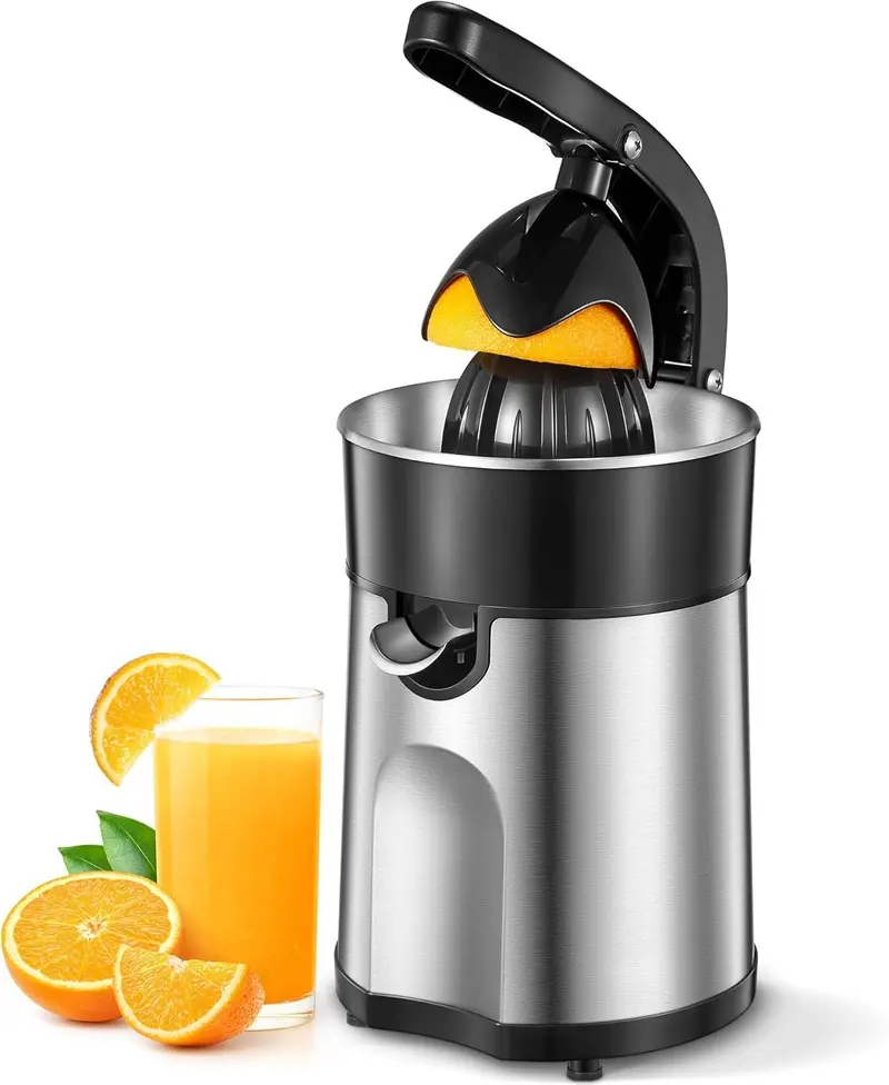 Electric Citrus Juicer Squeezer, Orange Juicer with Two Interchangeable Cones, Suitable for orange,  and Grapefruit, Brushed Stainless Steel, Easy to Clean and Use (Black+)