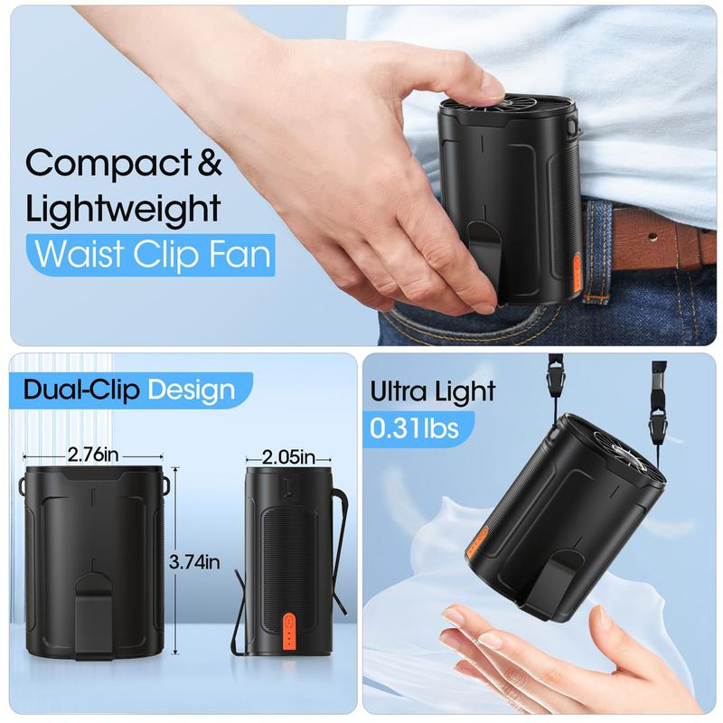 Portable Waist Fan with Dual Clip up to 25 H 4 Speeds 6600 RPM Gale-Force Airflow Wearable Belt Fan Neck Fan for Sport Outdoor Jobsite Traveling