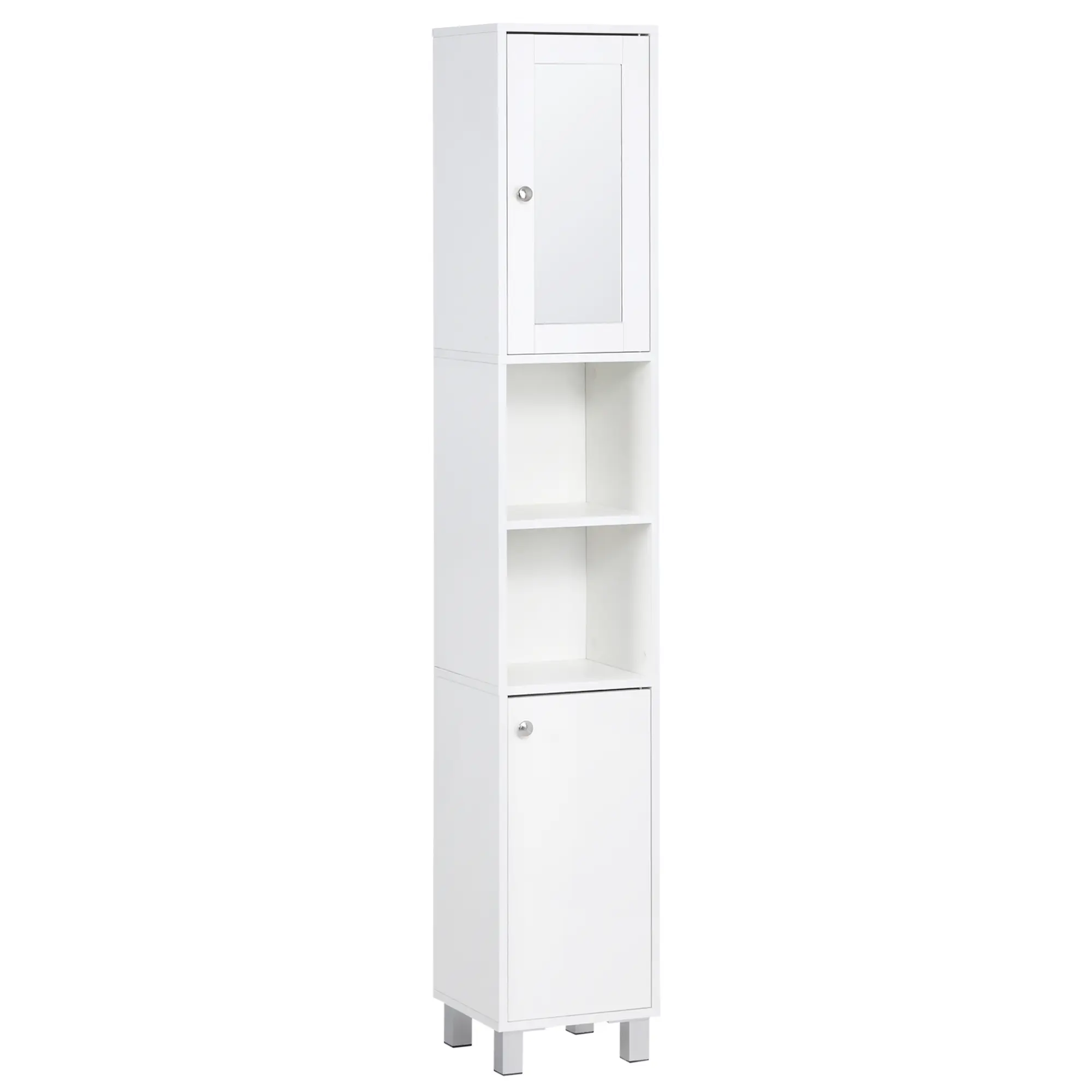 Tall Bathroom Storage Cabinet with Mirror – White. 2 Enclosed Cabinets (Adjustable Shelves) + 2 Open Shelves. Mirrored Top Door. Anti-Toppling. 11.75" W x 11" D x 70.75" H