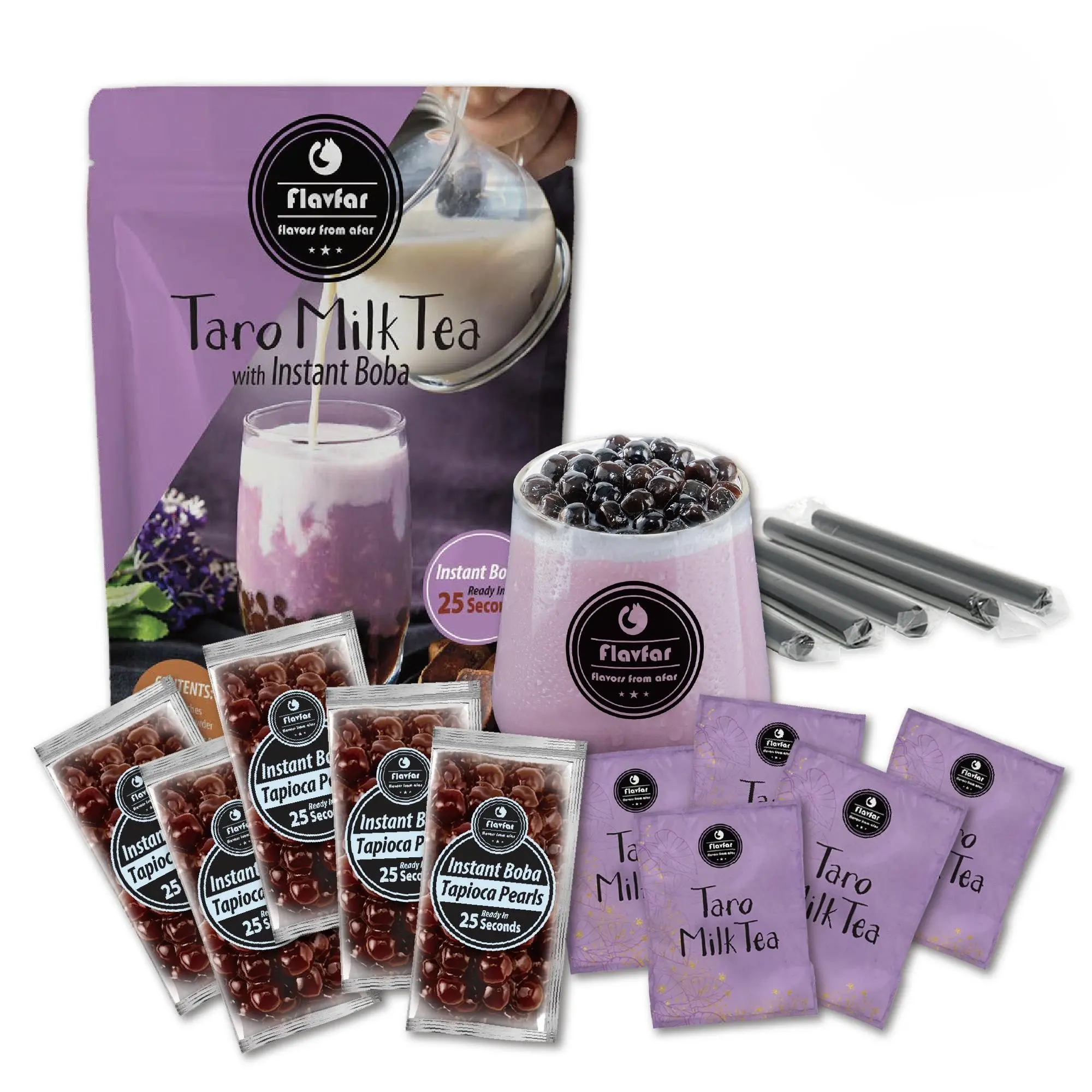 Flavfar Premium Instant Taro Milk Tea Kit with Authentic Brown Sugar Tapioca Boba and Straws - 5 Servings  Drinks Beverage
