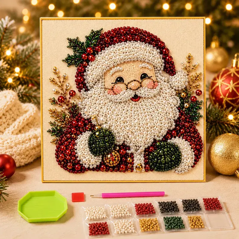 Frameless 3D Beaded Christmas Diamond Painting Kit, Holiday Wreath & Stocking DIY Mosaic Craft, Festive Home Wall Decoration