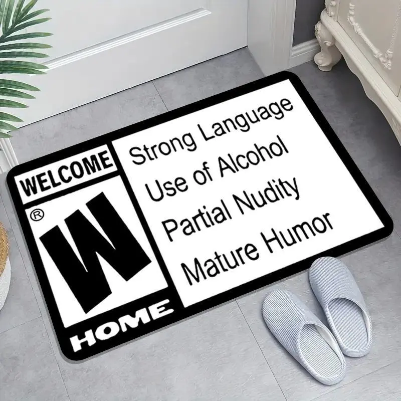 Funny Welcome Home Floor Mat – Strong Language, Alcohol, Partial Nudity & Mature Humor Doormat – Non-Slip Indoor Entry Rug – Novelty Housewarming Gift