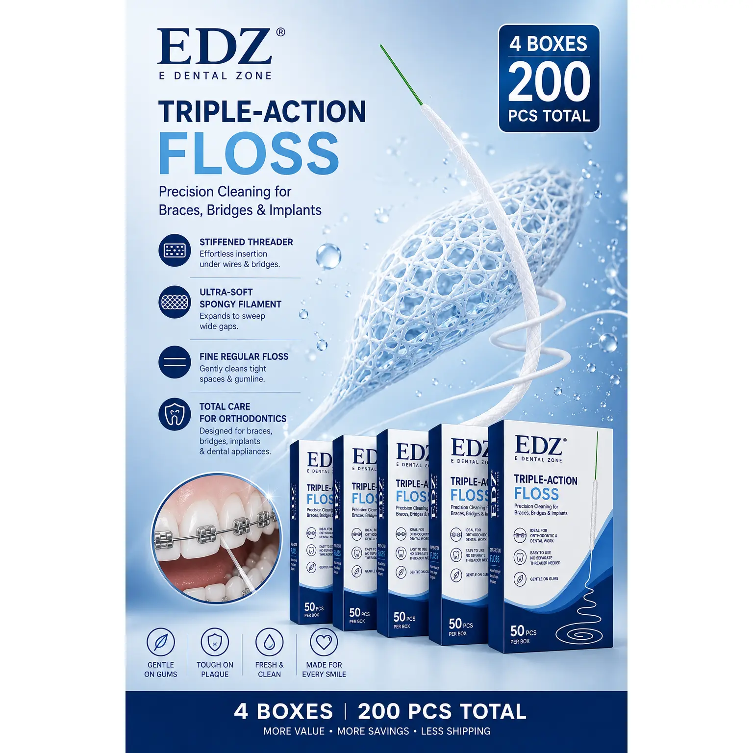 EDZ Triple-Action Dental Floss with Built-In Threader for Braces, Bridges & Implants, 200 Count