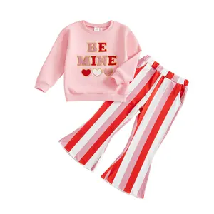 2Pcs Valentine Outfit for Toddler Baby Girl Long Sleeve Crew Neck Letter Embroidery Sweatshirt with Flare Pants Set