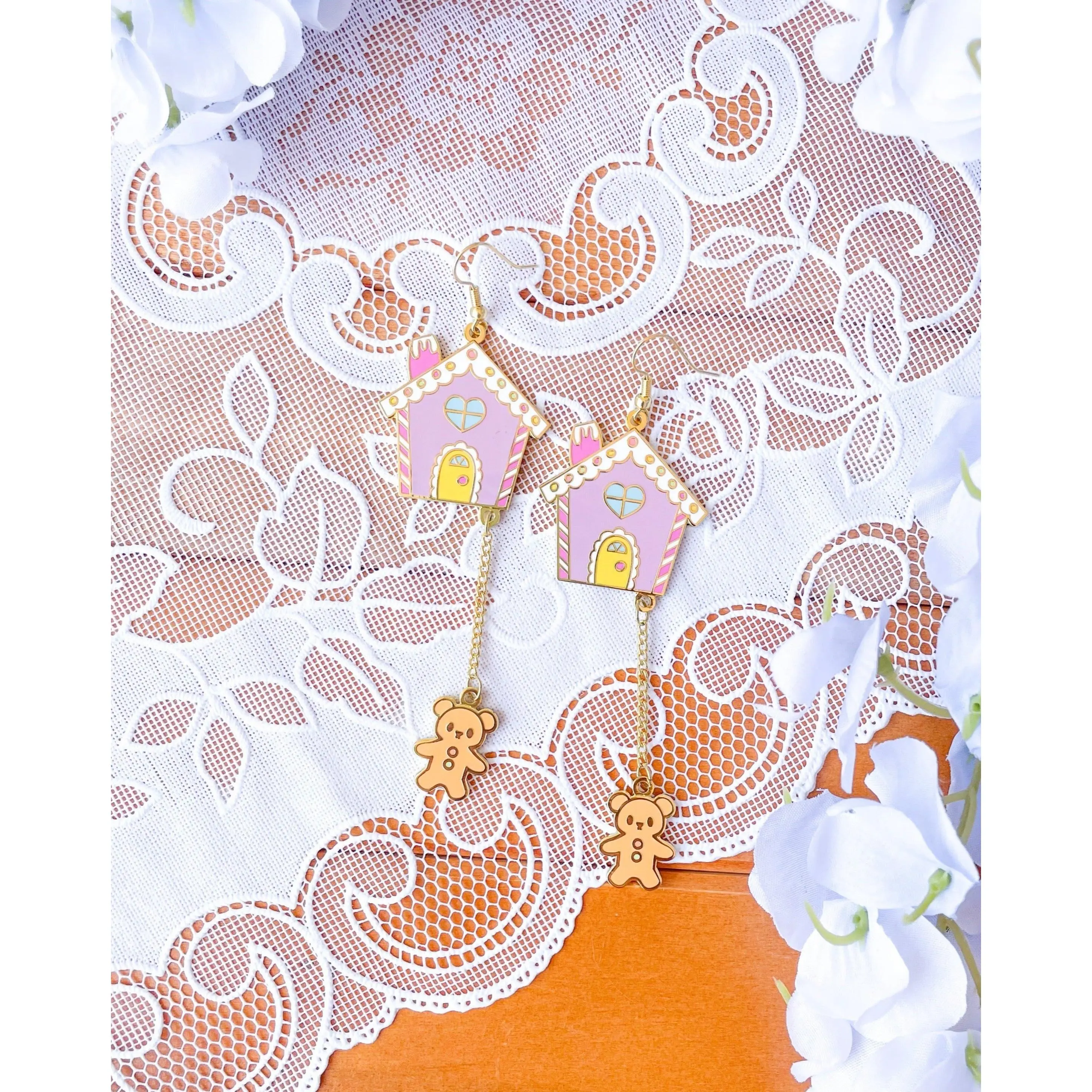 Gingerbread House Dangling Earrings, 1-Inch Gold Hard Enamel Festive Costume Jewelry for Women, Christmas Holiday Accessory, Trendy Jewelry, Fashionable Jewelry Accessories