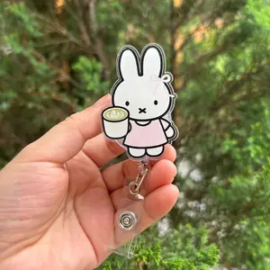 Cute Bunny Badge Reel – Retractable ID Holder – Gift for Nurse, Teacher, Student, Coffee Lover