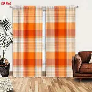 2D Flat  2-Pack Plaid Tartan Checkered Curtains, Warm Autumnal Orange Red Beige White Vertical Horizontal Lines Pattern, Classic Grid Seamless Repeating Block Design for Living Room Bedroom, Home Decor Fabric Drapes