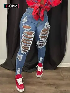 【Plus Size】 Solid Ripped High Waist Distressed Skinny Jeans, Casual Comfy Button Fly Pocket Design Denim Pants for Daily Wear, Women's Bottoms for All Seasons